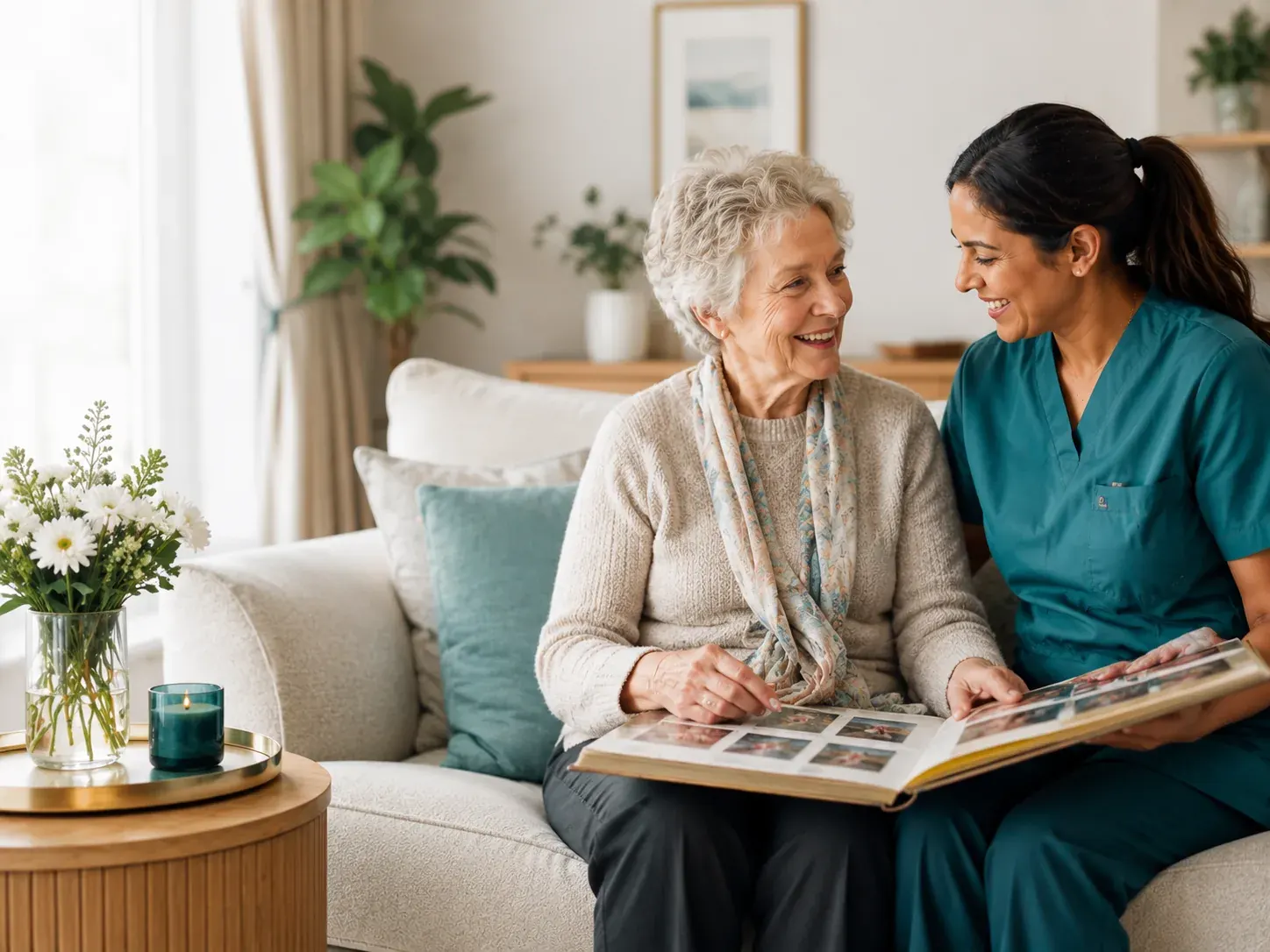 A carer sitting with a client living with dementia, sharing a warm conversation