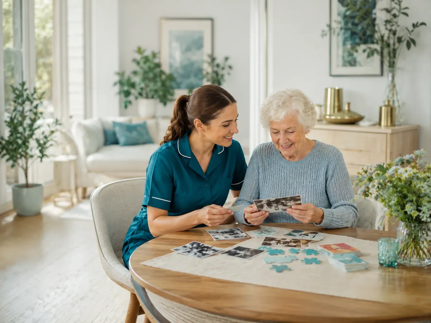 A carer looking through old photographs with a client living with dementia