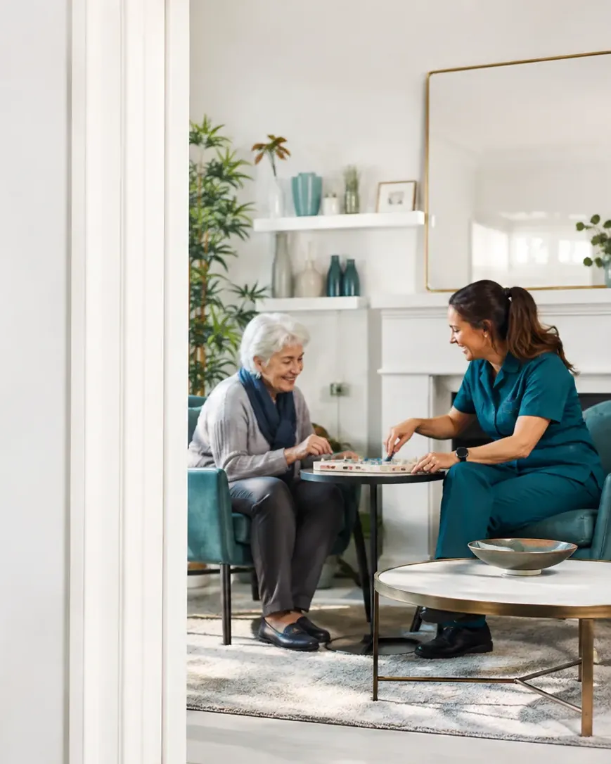 A carer playing a board game with a client in the evening