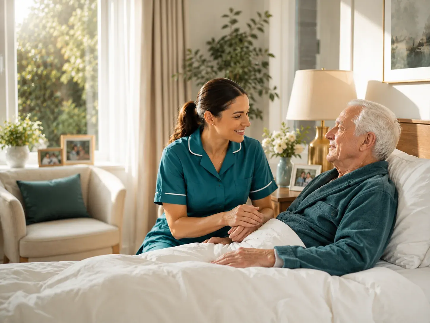 A carer holding hands with a client receiving palliative care at home