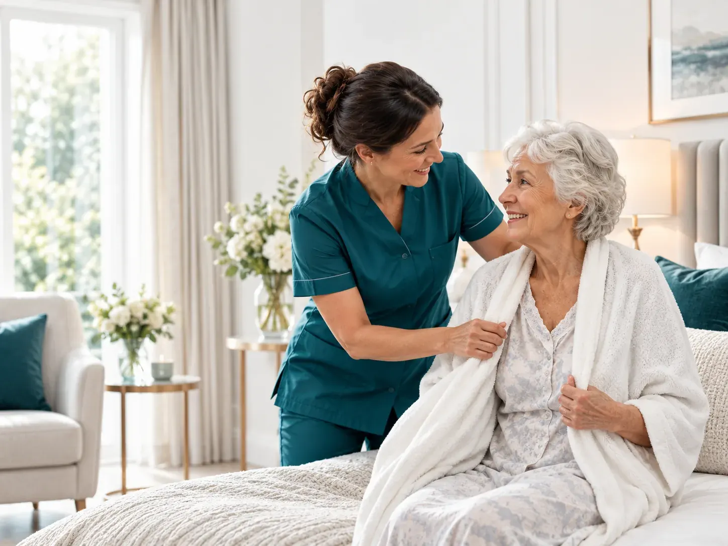 A carer supporting a client with personal care at home